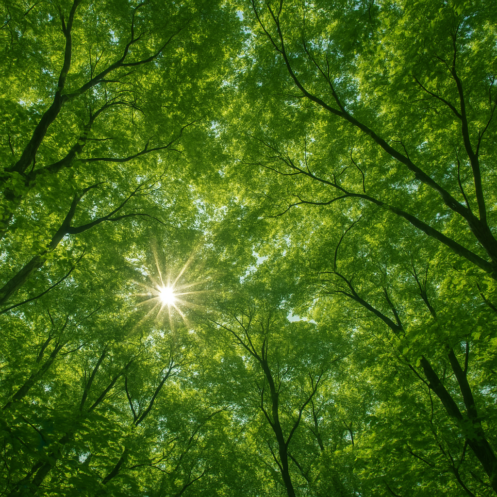 Canopée forestière luxuriante avec la lumière traversant le feuillage, symbole d'épanouissement